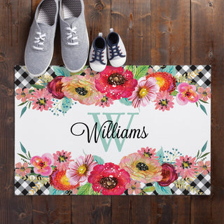 Gingham floral doormat with name and initial