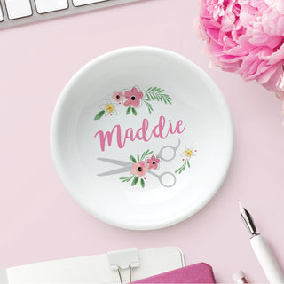 Hairstylist round trinket dish with name 