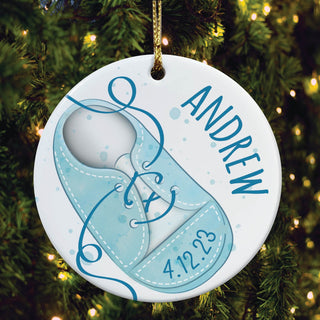 Baby blue shoe ornament with name and date