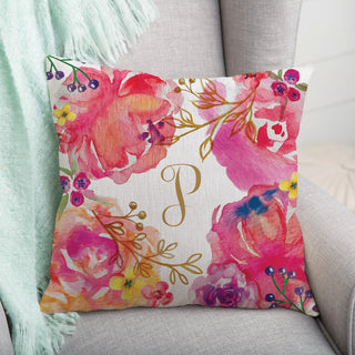 Floral with Script Initial Personalized 14x14 Throw Pillow