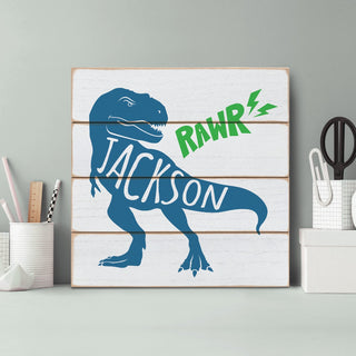 Blue T-Rex Personalized Name Wood Shiplap Art