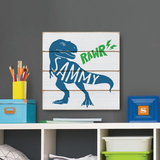 Blue T-Rex Personalized Name Wood Shiplap Art