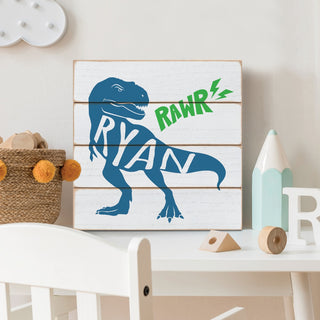 Blue t-rex wood shiplap with name 