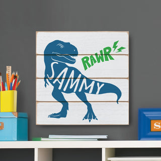 Blue T-Rex Personalized Name Wood Shiplap Art