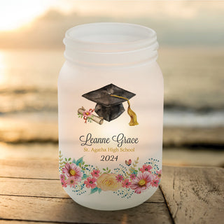 Floral Graduation Cap Personalized Frosted Mason Jar Votive