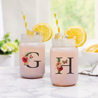 Floral Initial Personalized Frosted Mason Jar