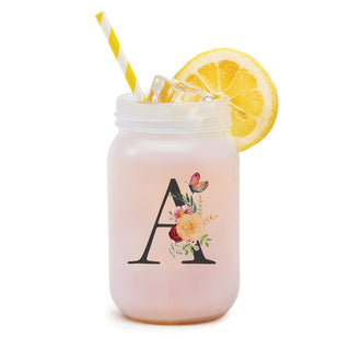 Floral Initial Personalized Frosted Mason Jar