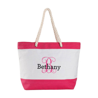 Summertime Beach tote in pink/white personalized in sript initial and name summertime gift idea