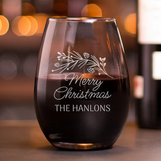 Merry Christmas Pine Branch Personalized Stemless Wine Glass