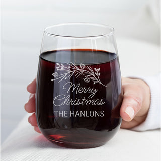 Merry Christmas Pine Branch Personalized Stemless Wine Glass