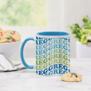 Wave Name Design Mug with Blue Rim and Handle