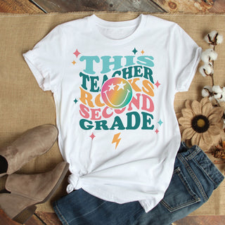 Teacher Rocks Retro  Adult Personalized White T-Shirt 