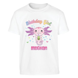 Birthday Girl Boba Tea Axolotl Youth Personalized White T-Shirt