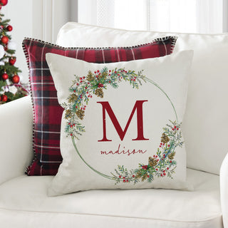 Name & Initial Holiday Berries Wreath 14" Throw Pillow