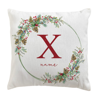 Name & Initial Holiday Berries Wreath 17" Throw Pillow