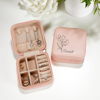 Pink Zip Travel Jewelry Case with Birth Month Flower