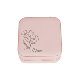 Pink Zip Travel Jewelry Case with Birth Month Flower and Name