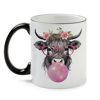 Bubble Gum Highland Cow White Coffee Mug with Black Rim and Handle-11oz