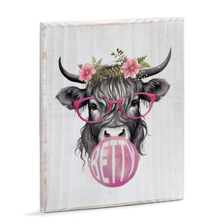 Bubble Gum Highland Cow White Wash Wood Plaque