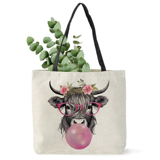 Bubble Gum Highland Cow Black Strap Burlap Tote