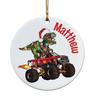 Dino Monster Truck Personalized Round Ceramic Ornament