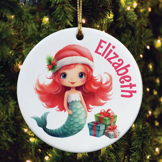 Christmas Mermaid Personalized Round Ceramic Ornament