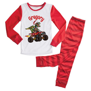 Red Striped Dino Monster Truck Personalized Christmas Pajamas