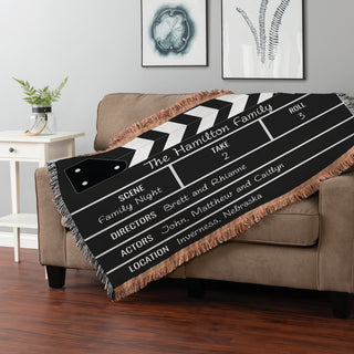 Family Movie Night Clapper Board Personalized Fringe Throw Blanket