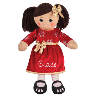 Rag Doll with Dark Red Velvet Dress - Dark Hair Medium Skin