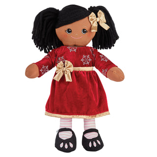 Rag Doll with Dark Red Velvet Dress - Black Hair Dark Skin