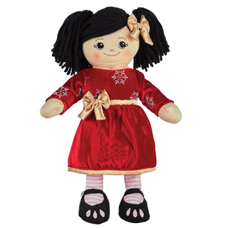 Rag Doll with Dark Red Velvet Dress - Black Hair Fair Skin