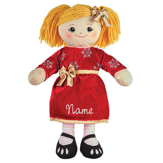 Rag Doll with Dark Red Velvet Dress - Blonde Hair