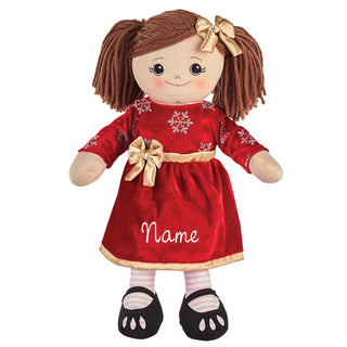 Rag Doll with Dark Red Velvet Dress - Brunette Hair