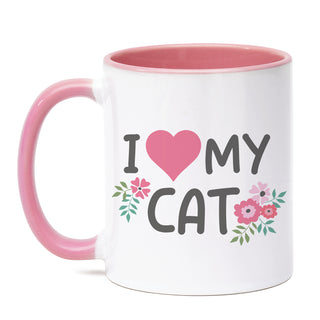 I Love My Cat Floral  Mug with Pink Handle and Rim 11oz