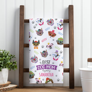 Best Dog Mom Waffle Tea Towel with Cute Dog Pattern and personalized with name gift for dog lover