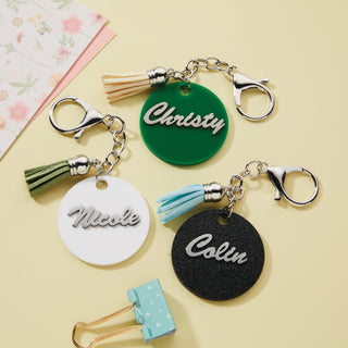 Round Acrylic Keychain with Tassel and Stainless Cut Out Name for him or her