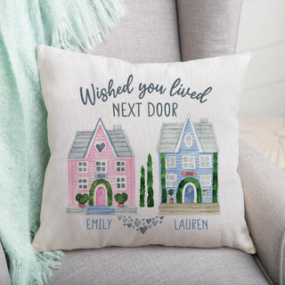 Wish you lived next door throw pillow with two houses and names personalized gift for neighbor, friend, grandparent