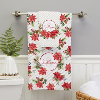 Personalized Hand and Bath Towel Set with Pointsettias home decor for holidays