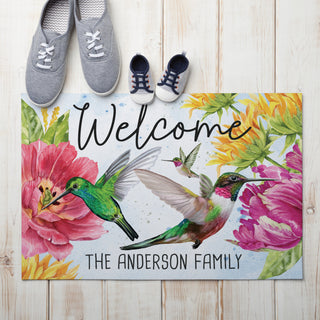 Welcome doormat with hummingbirds and flowers personalized with family name gift for home owner