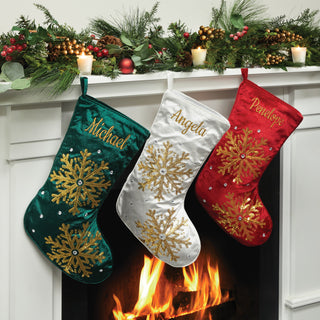 Gold Tone Sequin Snowflake Stocking - White