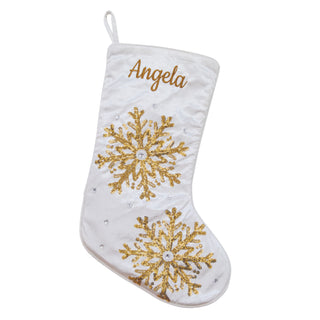 Gold Tone Sequin Snowflake Stocking - White