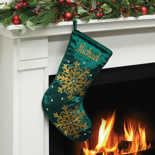 Gold Tone Sequin Snowflake Stocking - Green