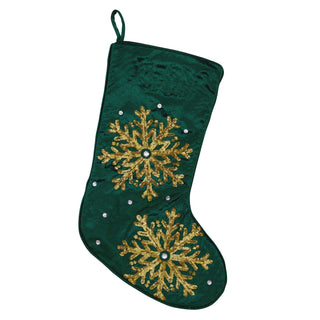 Gold Tone Sequin Snowflake Stocking - Green