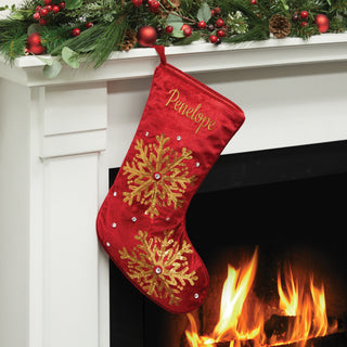 Gold Tone Sequin Snowflake Stocking - Red