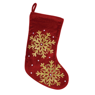 Gold Tone Sequin Snowflake Stocking - Red