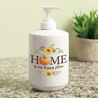 Soap dispenser featuring a fall floral pumpkin design with "HOME is our happy place", adding a seasonal touch to any space.