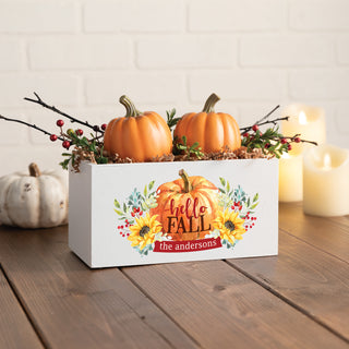 White storage box (5x10) featuring a fall floral pumpkin design with "Hello Fall" text, perfect for seasonal organization.