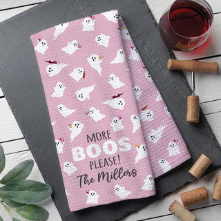 More Boos Please Pink Ghost Pattern Waffle Tea Towel