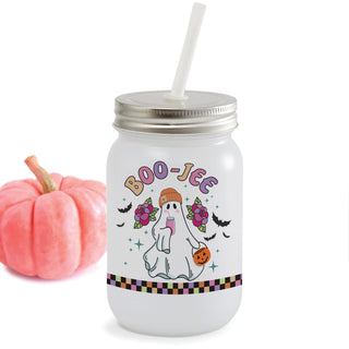 Boo-Jee Ghost Frosted Mason Jar with Lid & Straw 15oz