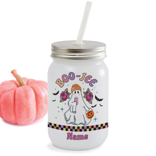 Boo-Jee Ghost Frosted Mason Jar with Lid & Straw 15oz